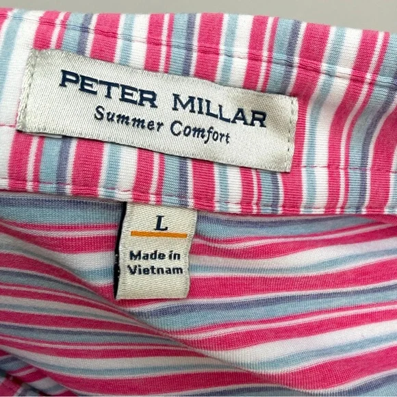 Peter Millar Summer Comfort Golf Polo Men Sz L Blue White Pink Stripe Preppy EUC - Picture 2 of 15